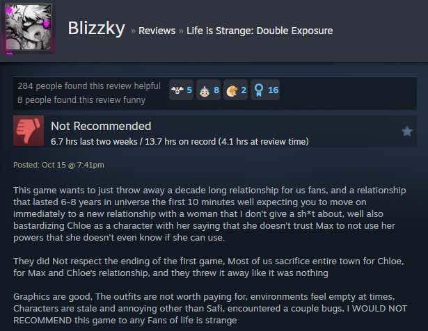 Screenshot showing a Steam review for Life is Strange: Double Exposure.